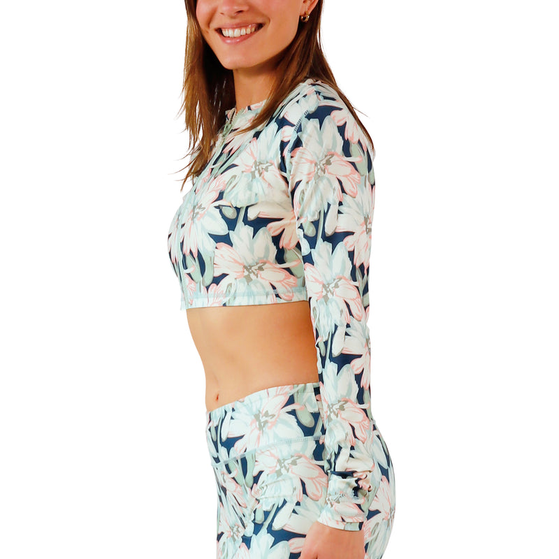 side view of women's active swim shrug in nightfall bloom|nightfall-bloom