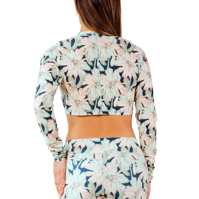 back view of women's active swim shrug in nightfall bloom|nightfall-bloom