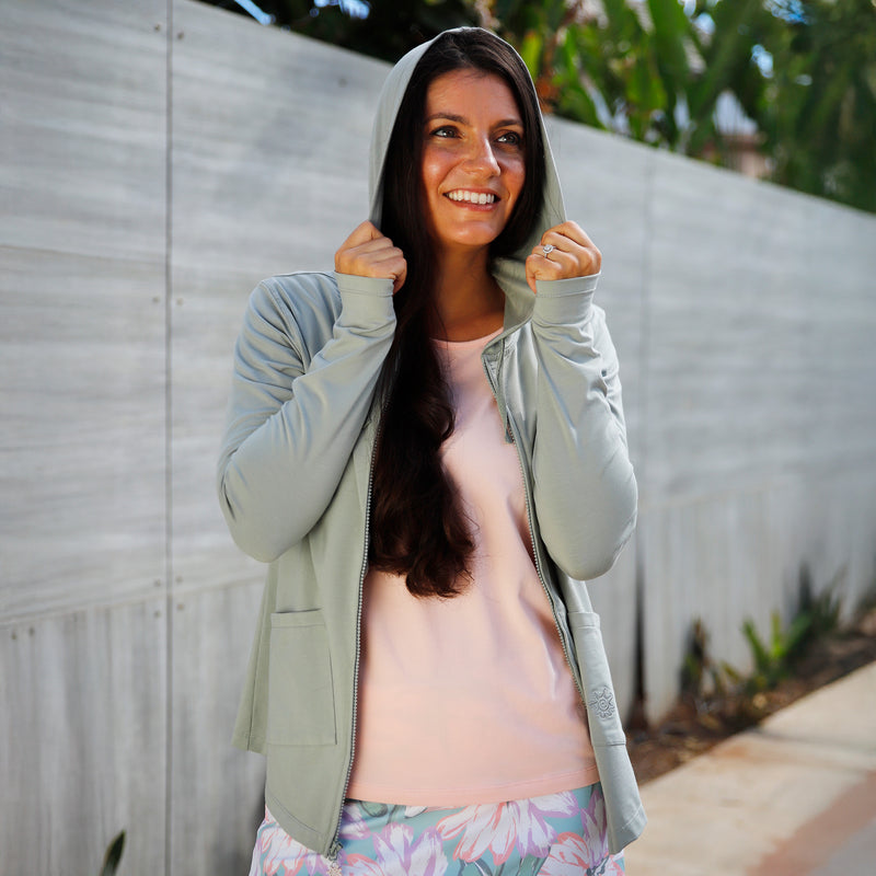 woman posing in everyday hooded jacket|agave