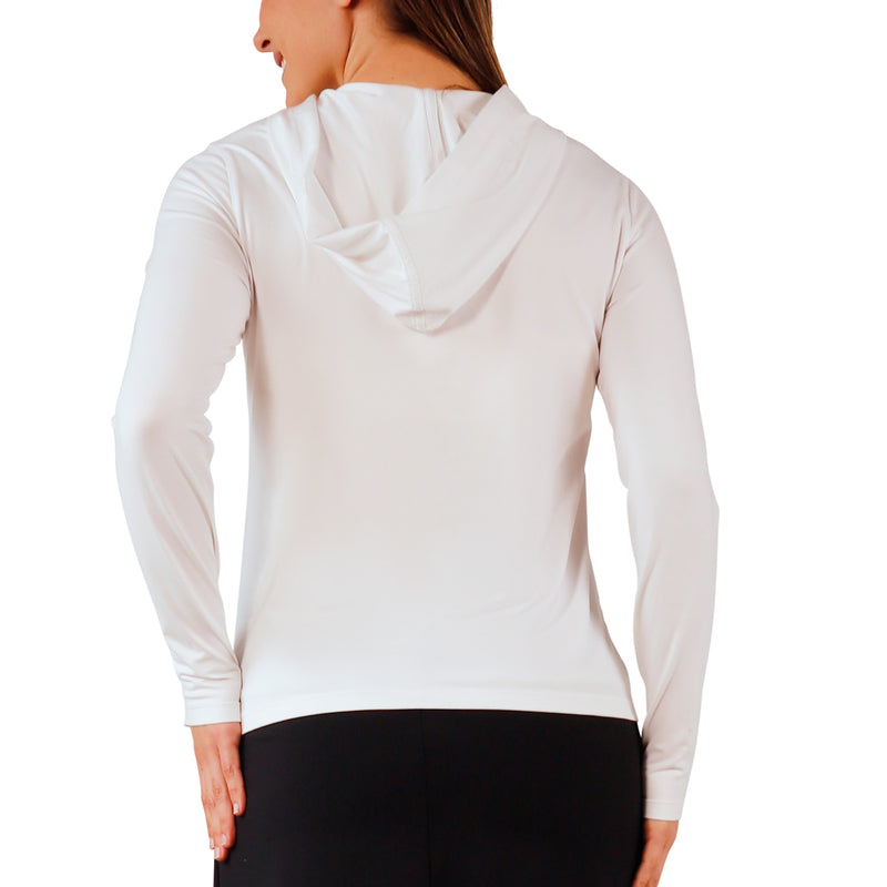 back view of women's hooded everyday jacket in white|white