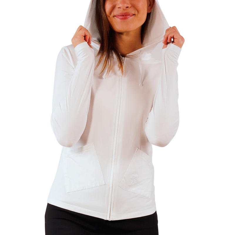 hooded view of women's hooded everyday jacket in white|white