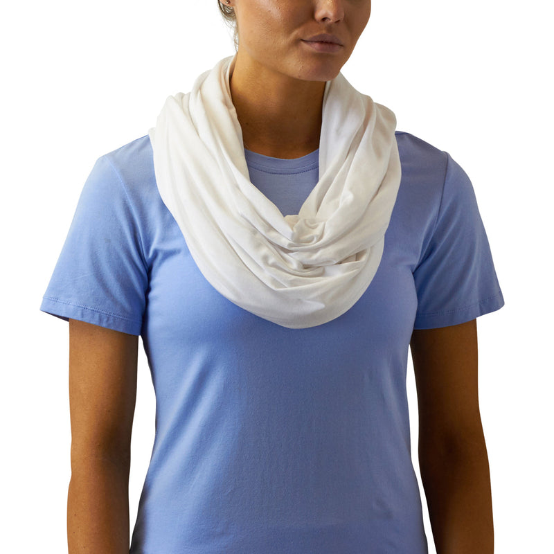 women's sun shawl in white worn as a scarf|white