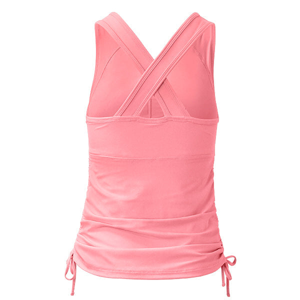 back of women's ruched swim tank top in flamingo|flamingo