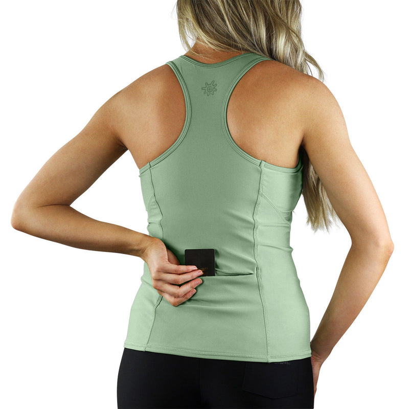 Pocket view of the women's swim tank in sage|sage