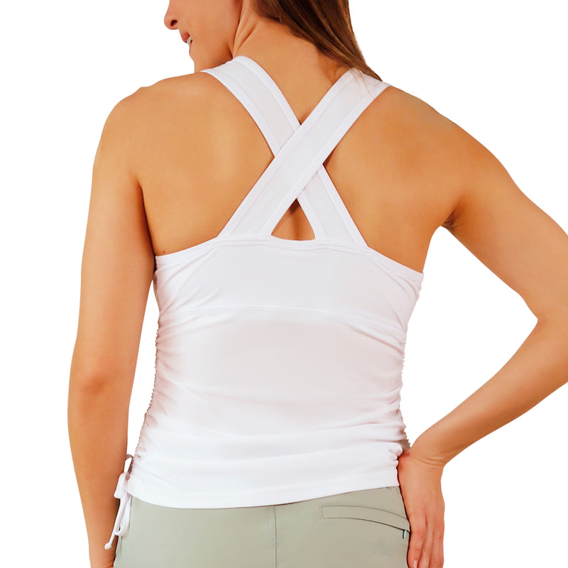 back view of women's ruched scoop tank top in white|white