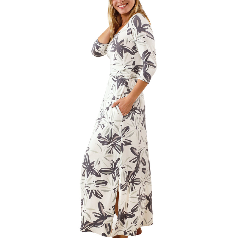 side view of womens scoop neck maxi dress in breezy floral|breezy-floral