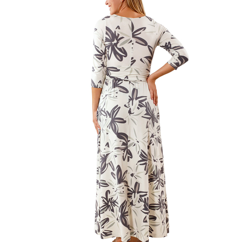 back view of womens scoop neck maxi dress in breezy floral|breezy-floral