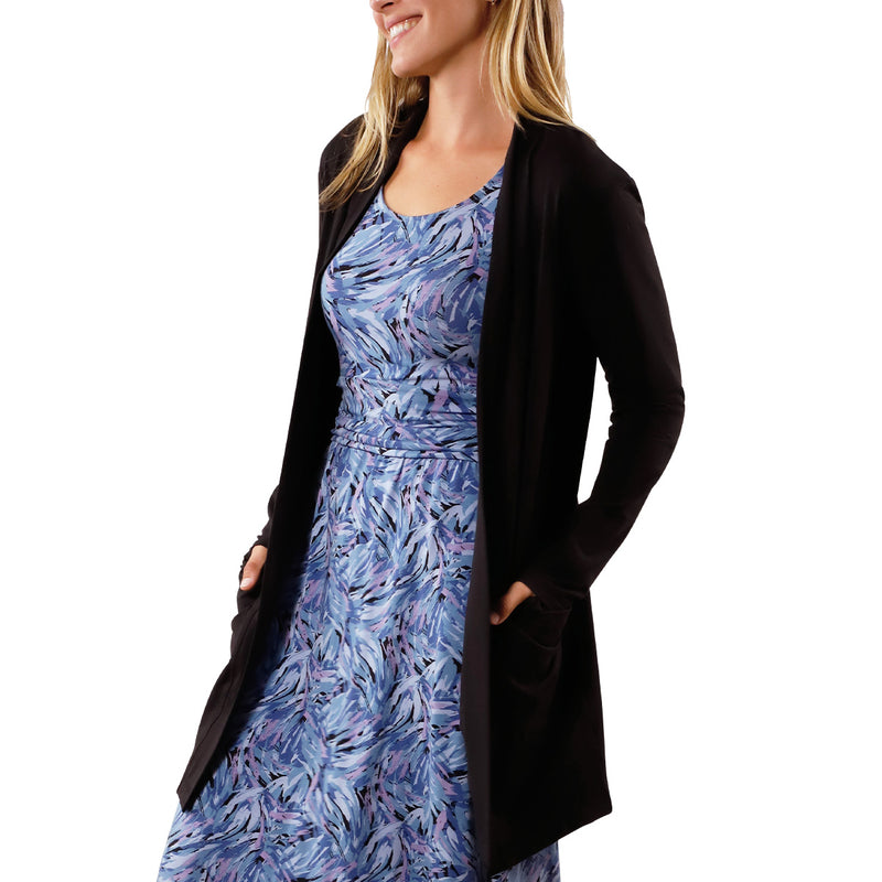 side view of womens everyday sun layer in black|black