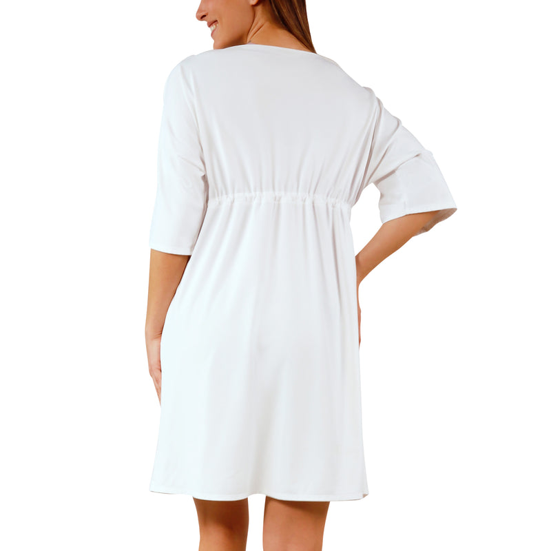 back view of women's white front tie sun kimono|white