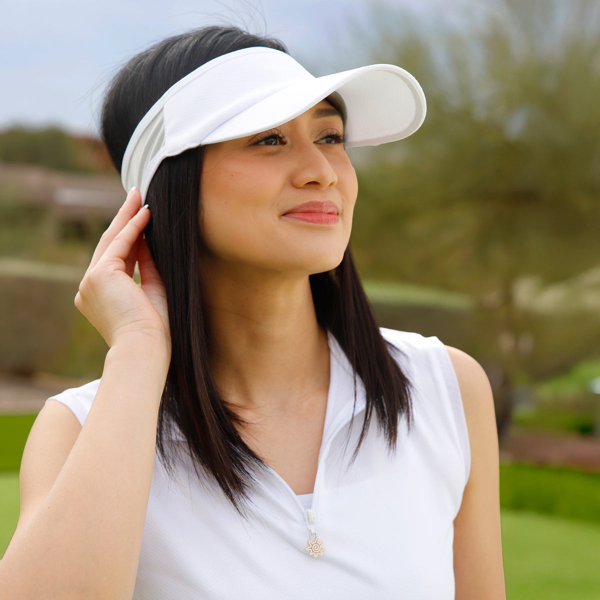 woman wearing womens active sun visor|white