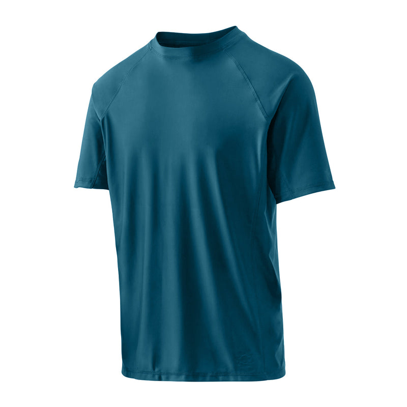 side view of the men's short sleeve swim shirt in dark teal|dark-teal