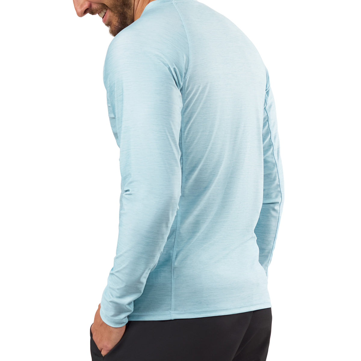 back view of mens long sleeve crew sun & swim shirt|aquamarine-jaspe