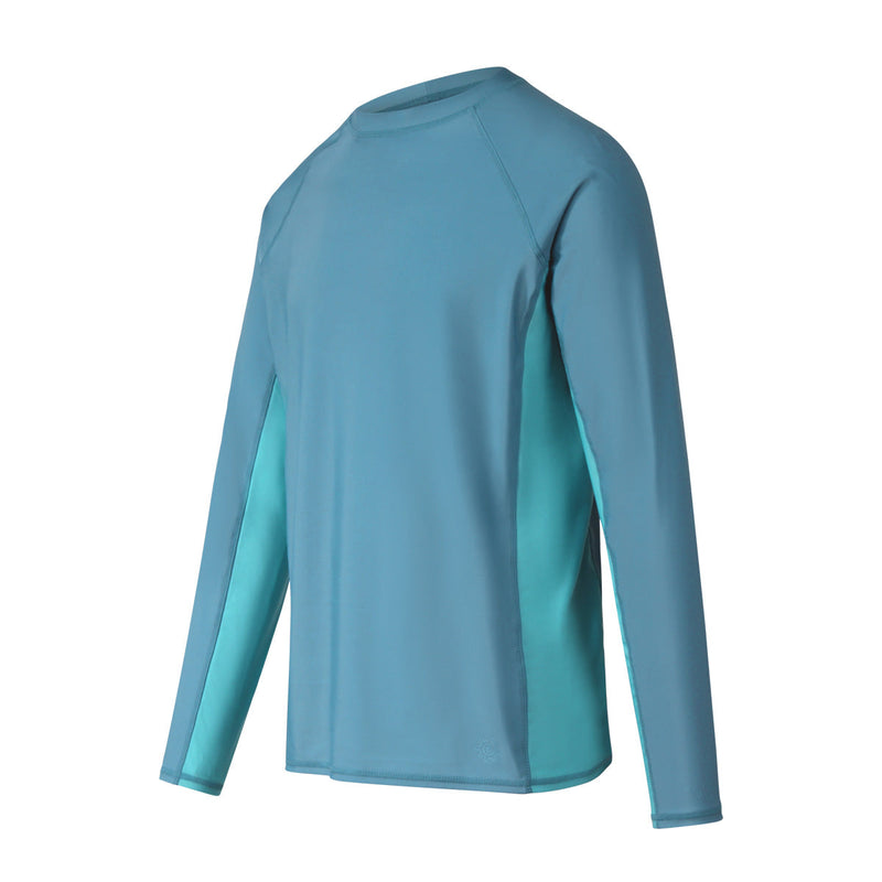 Side view of UV Skinz's men's long sleeve crew swim shirt in baltic lagoon|baltic-lagoon