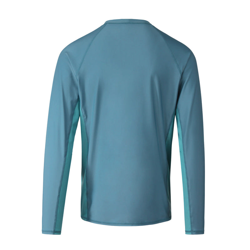 Back view of UV Skinz's men's long sleeve crew swim shirt in baltic lagoon|baltic-lagoon