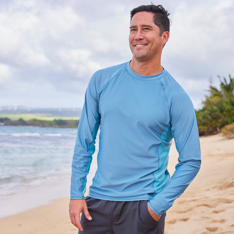 man walking on beach in long sleeve crew sun & swim shirt|baltic-lagoon