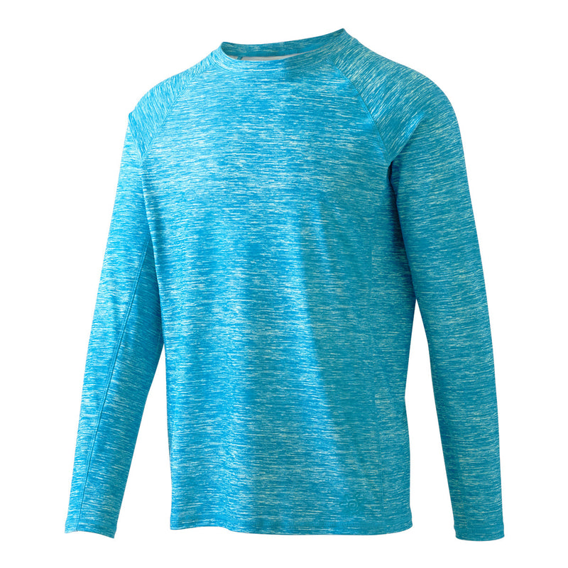 Side view of UV Skinz's men's long sleeve crew swim shirt in caribbean jaspe|caribbean-jaspe