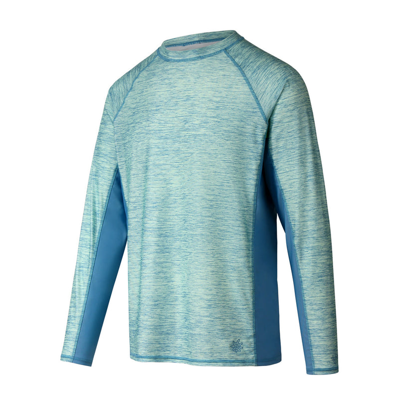 Side view of UV Skinz's men's long sleeve crew swim shirt in lagoon jaspe|lagoon-jaspe-lagoon