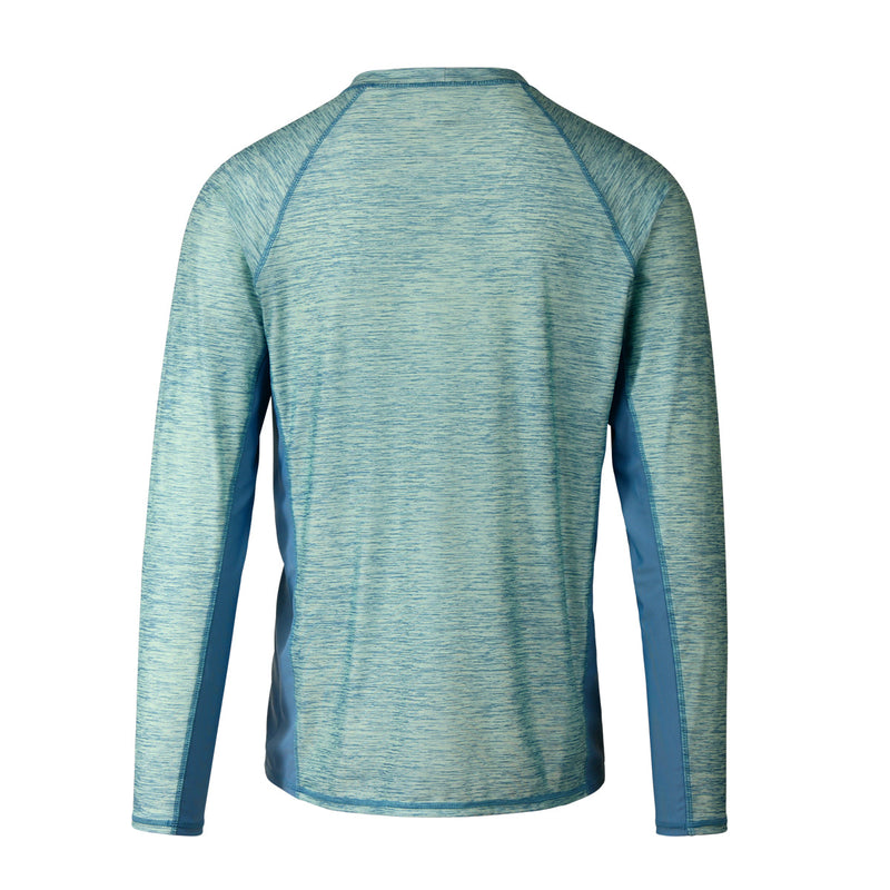 Back view of UV Skinz's men's long sleeve crew swim shirt in lagoon jaspe lagoon|lagoon-jaspe-lagoon