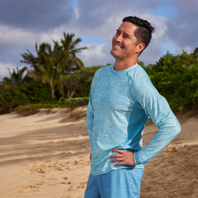 man on beach in long sleeve crew sun & Swim shirt|lagoon-jaspe-lagoon