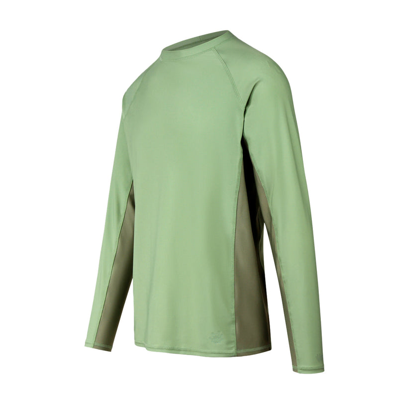 Side view of UV Skinz's men's long sleeve crew swim shirt in sage washed olive|sage-washed-olive