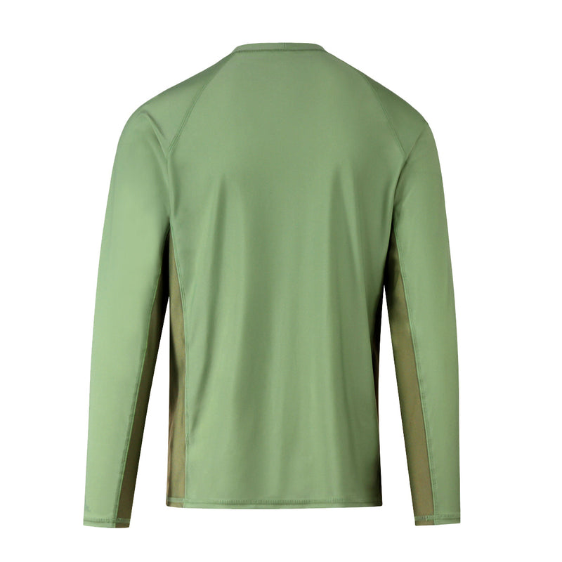 Back view of UV Skinz's men's long sleeve crew swim shirt in sage washed olive|sage-washed-olive