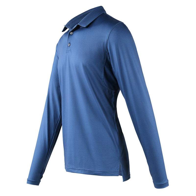 side view of mens long sleeve performance polo shirt in blue links|blue-links