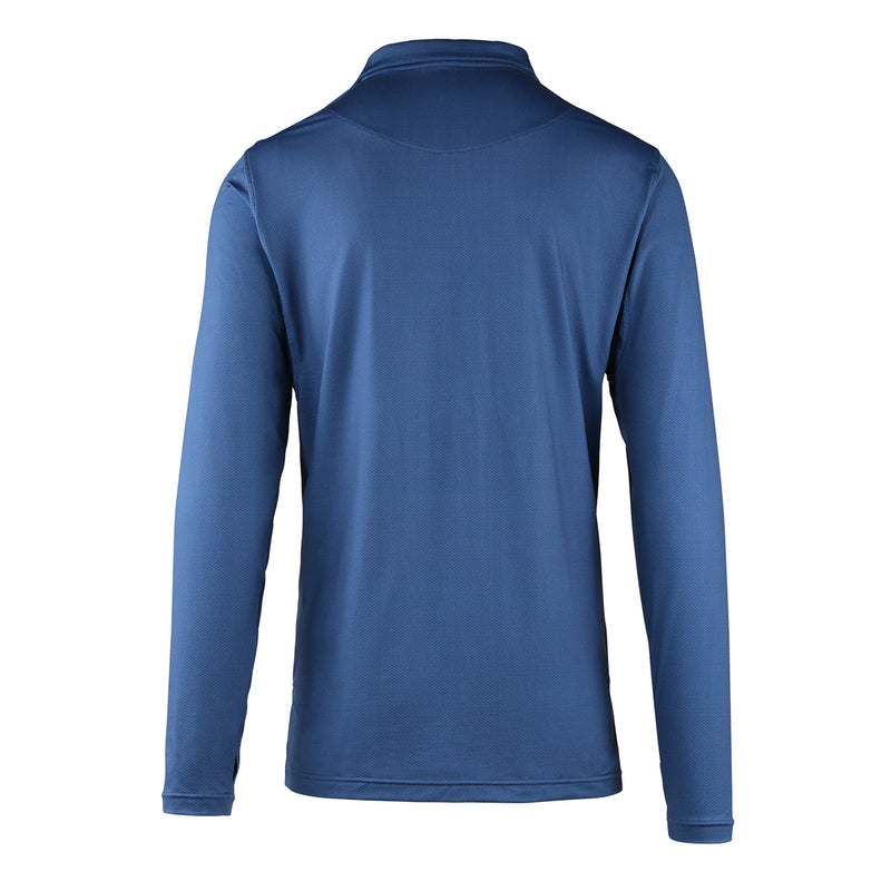 back view of mens long sleeve performance polo shirt in blue links|blue-links