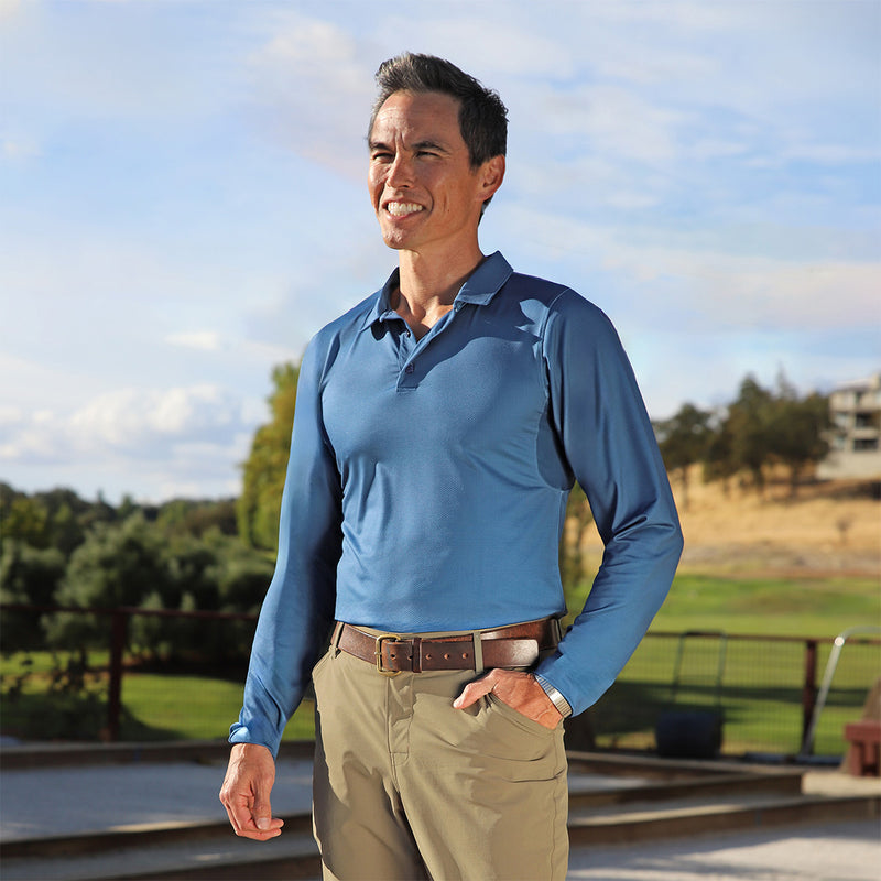 man in long sleeve performance polo in blue links|blue-links