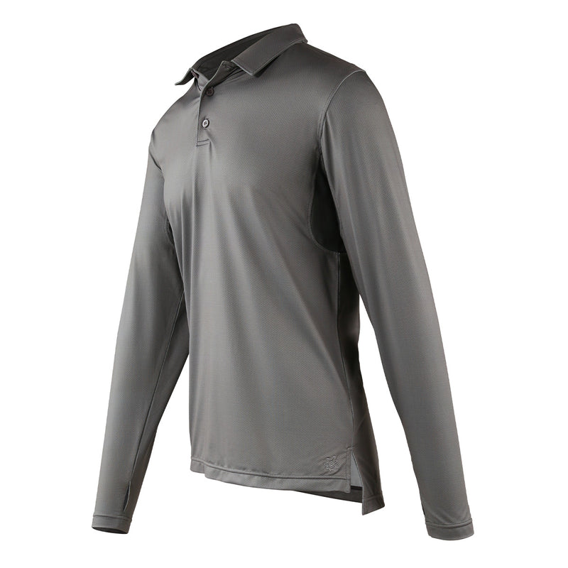 side view of mens long sleeve performance polo shirt in grey links|grey-links