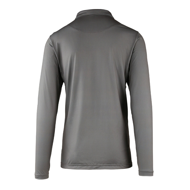 back view of mens long sleeve performance polo shirt in grey links|grey-links