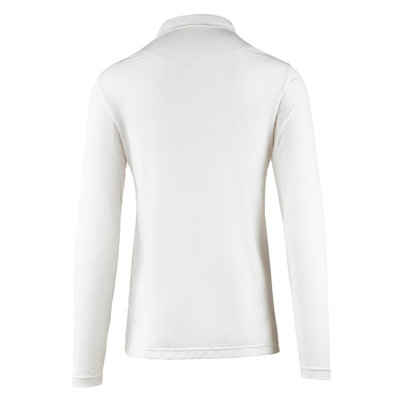 back view of mens long sleeve performance polo shirt in white|white