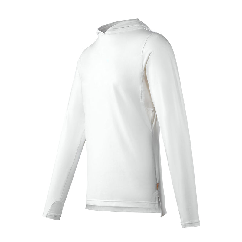 side view of mens performance sun hoodie in white|white