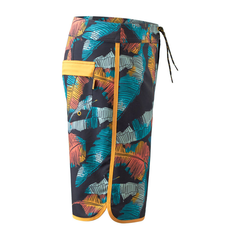 side view of the men's retro board shorts in baja leaf|baja-leaf