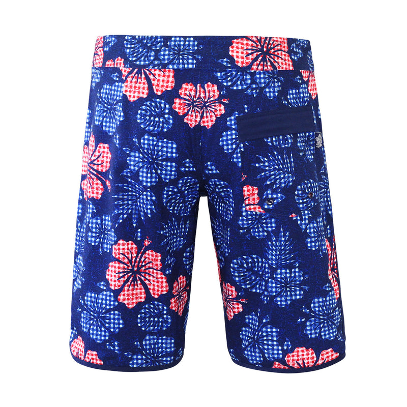 back view of the men's board shorts in dark navy hibiscus|dark-navy-hibiscus