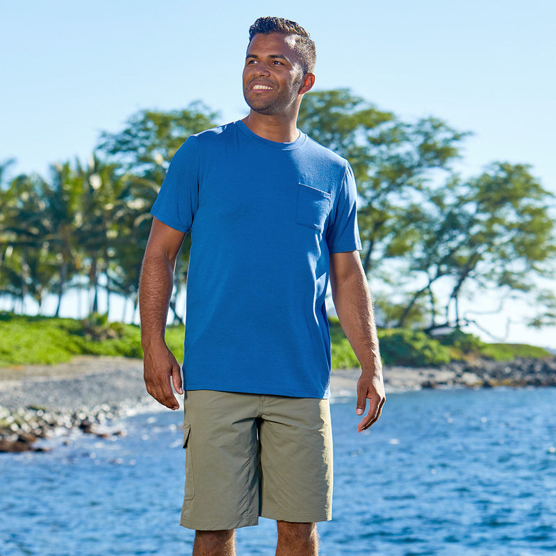 man wearing UV Skinz's men's UPF t-shirt in washed navy|washed-navy