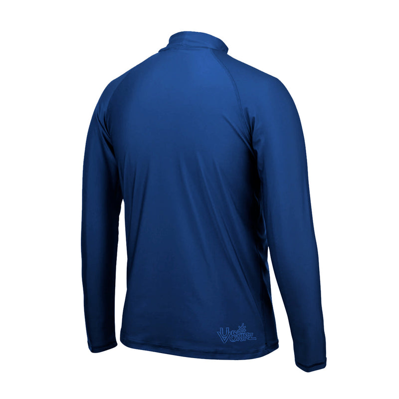 Back of the men's long sleeve swim shirt in dark navy|dark-navy