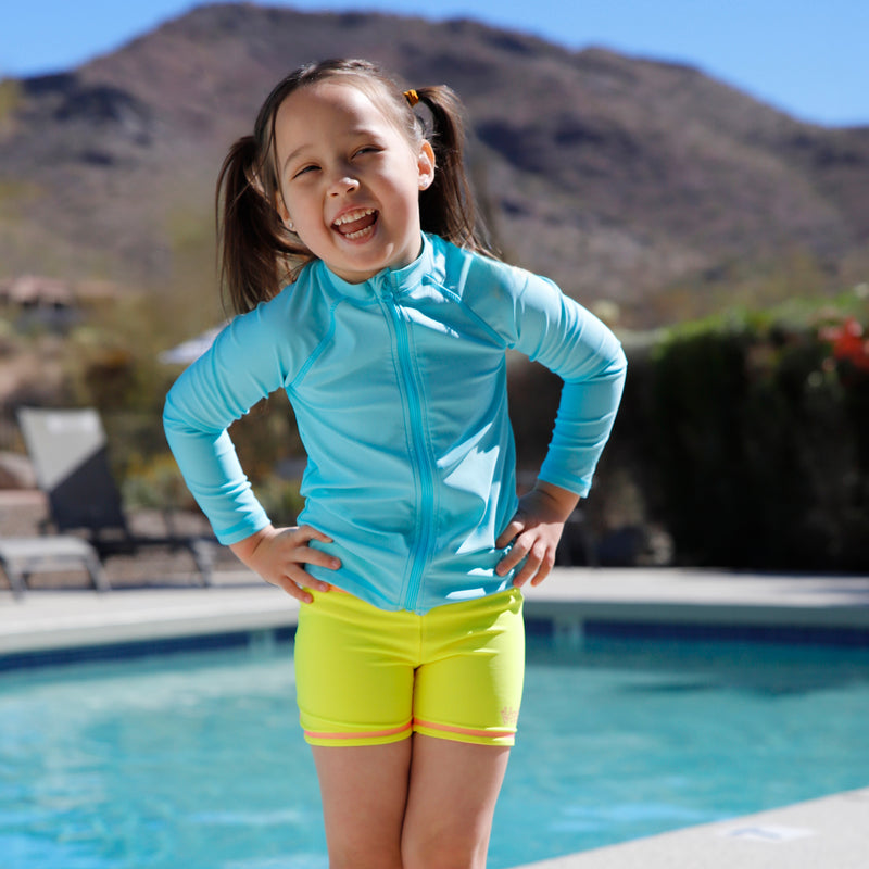 kids by pool in full zip rashguard|skyline