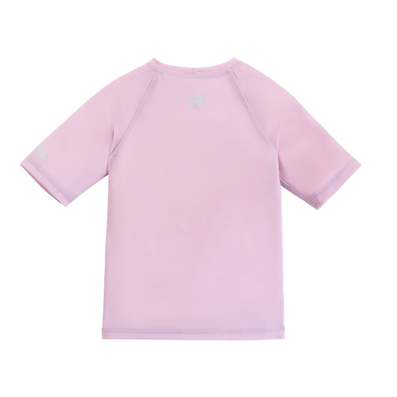 back view of kids short sleeve crew sunny swim shirt in starfish tide|starfish-tide