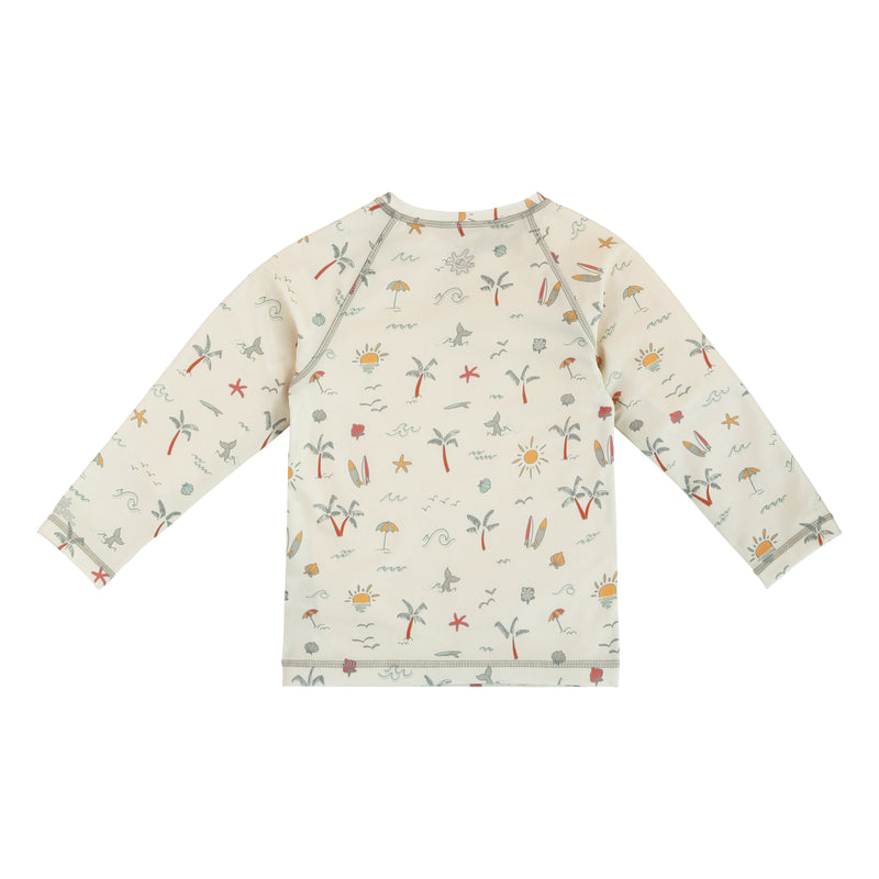 back view of kids long sleeve crew sunny swim shirt in tropical trip|tropical-trip