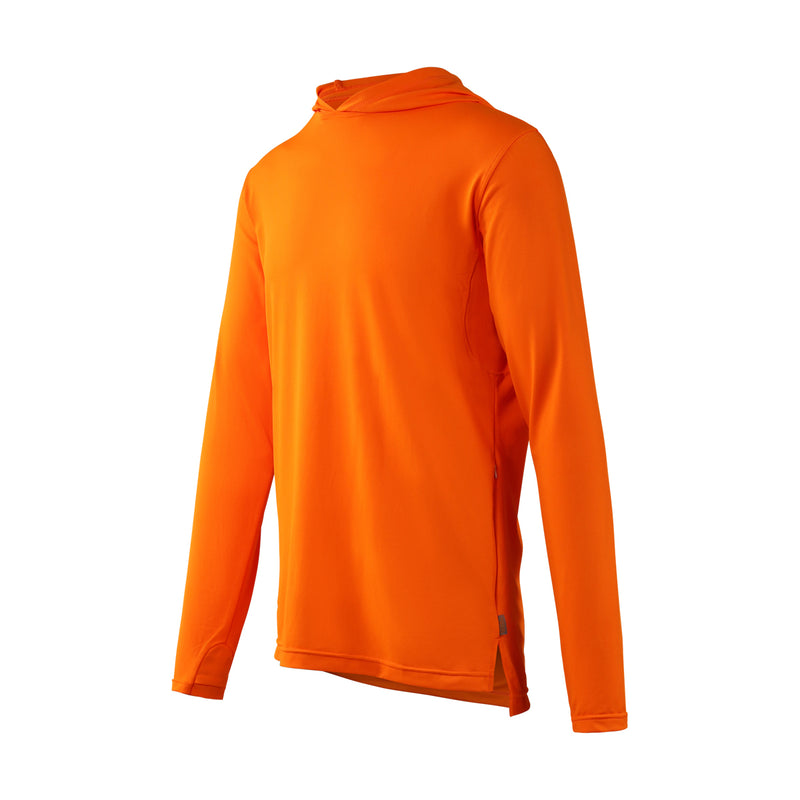 side view of mens workwear sun performance hoodie in neon orange|neon-orange