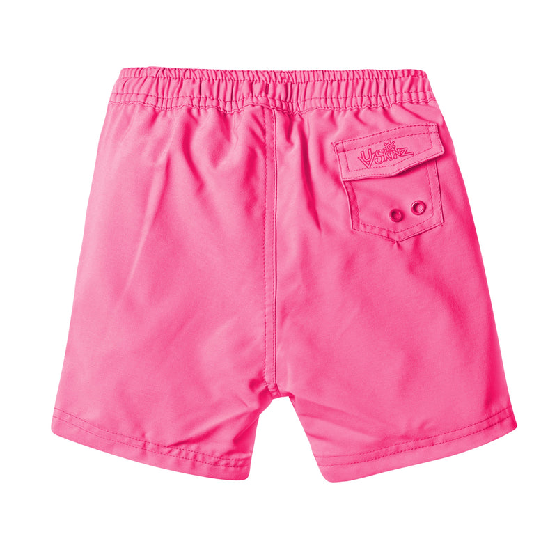 back view of the girl's board shorts in hot pink|hot-pink