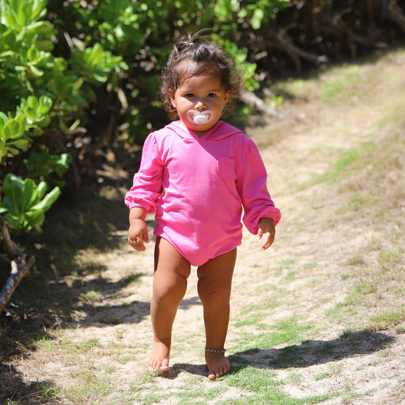 Baby Girl in the Baby Girl's Hooded Sunzie in Bubblegum|bubblegum