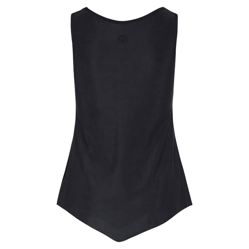 back of the women's UPF tank top in black|black