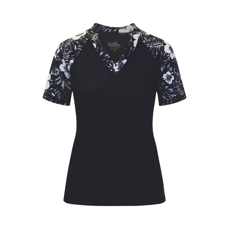 women's short sleeve v-neck swim shirt in black paradise|black-paradise