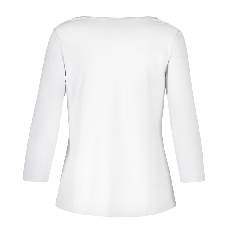 Back of the Women's 3/4 Sleeve Scoop Swing Top in White|white