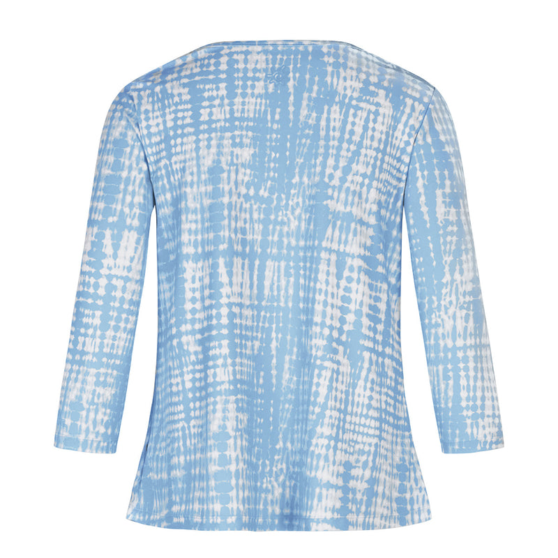 Back of the Women's 3/4 Sleeve Scoop Swing Top in Clear Sky Tie Dye|clear-sky-tie-dye