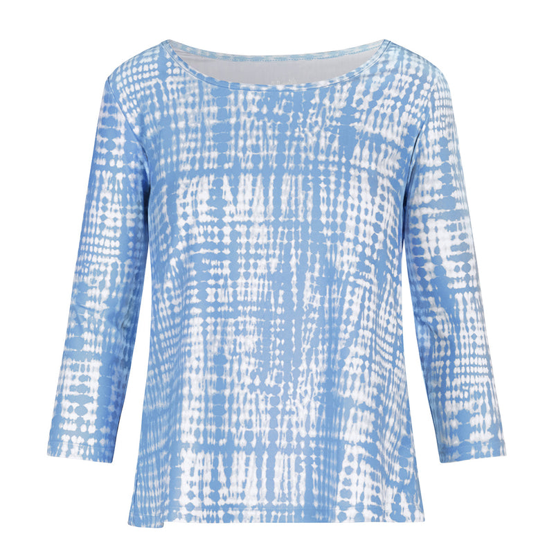 Women's 3/4 Sleeve Scoop Swing Top in Clear Sky Tie Dye|clear-sky-tie-dye