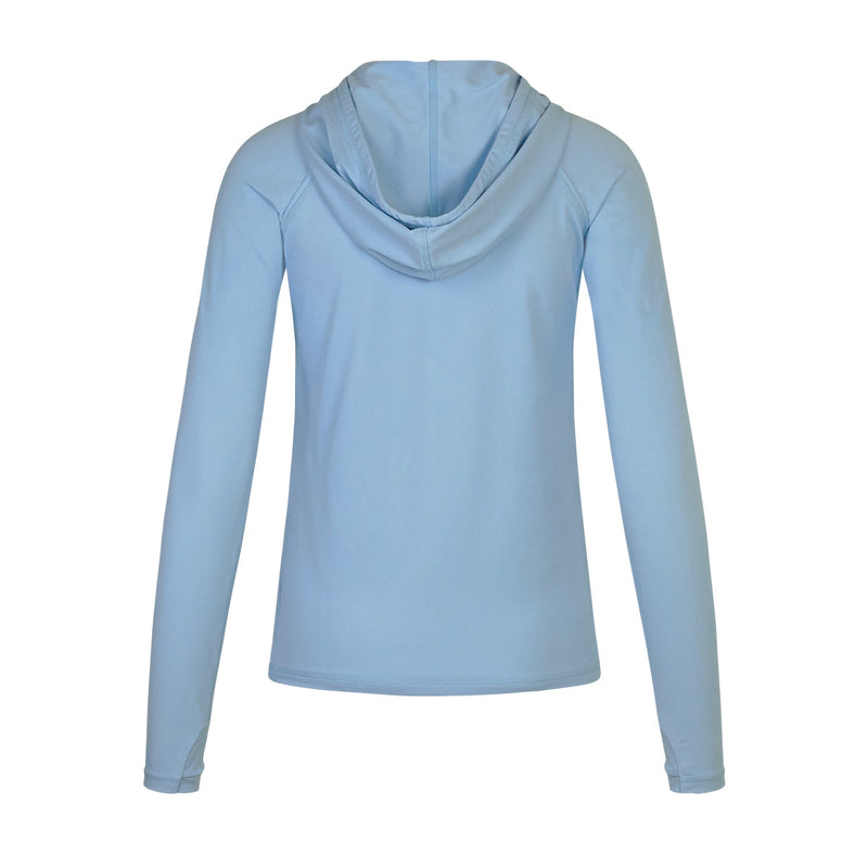 back of the women's hooded water jacket in clear sky|clear-sky