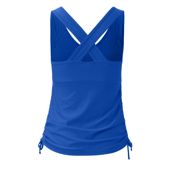 Back of women's ruched swim tank top in deep sea|deep-sea