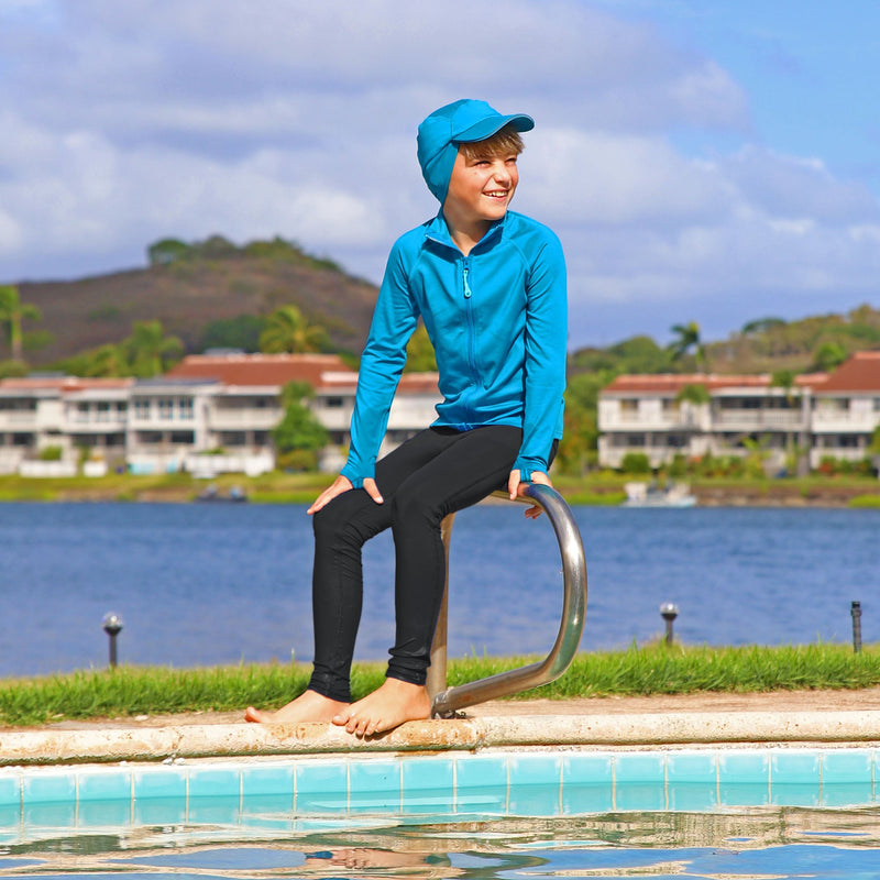 Boy Wearing UV Skinz's Kid's Active Fleece Hat|mykonos-blue